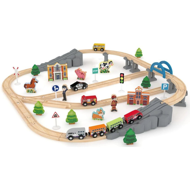 J'ADORE Pista de tren din lemn cu pod și accesorii